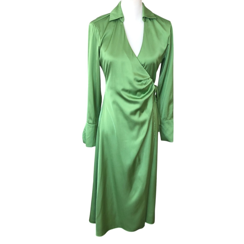 Mango Green Satin Long Sleeve Midi Corpcore Wrap Draped Dress Sz XSโ